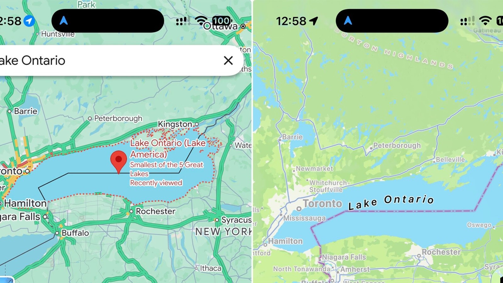 Apple Maps Keeps Lake Ontario as Google Maps Renames It - Apple Maps Lake Ontario