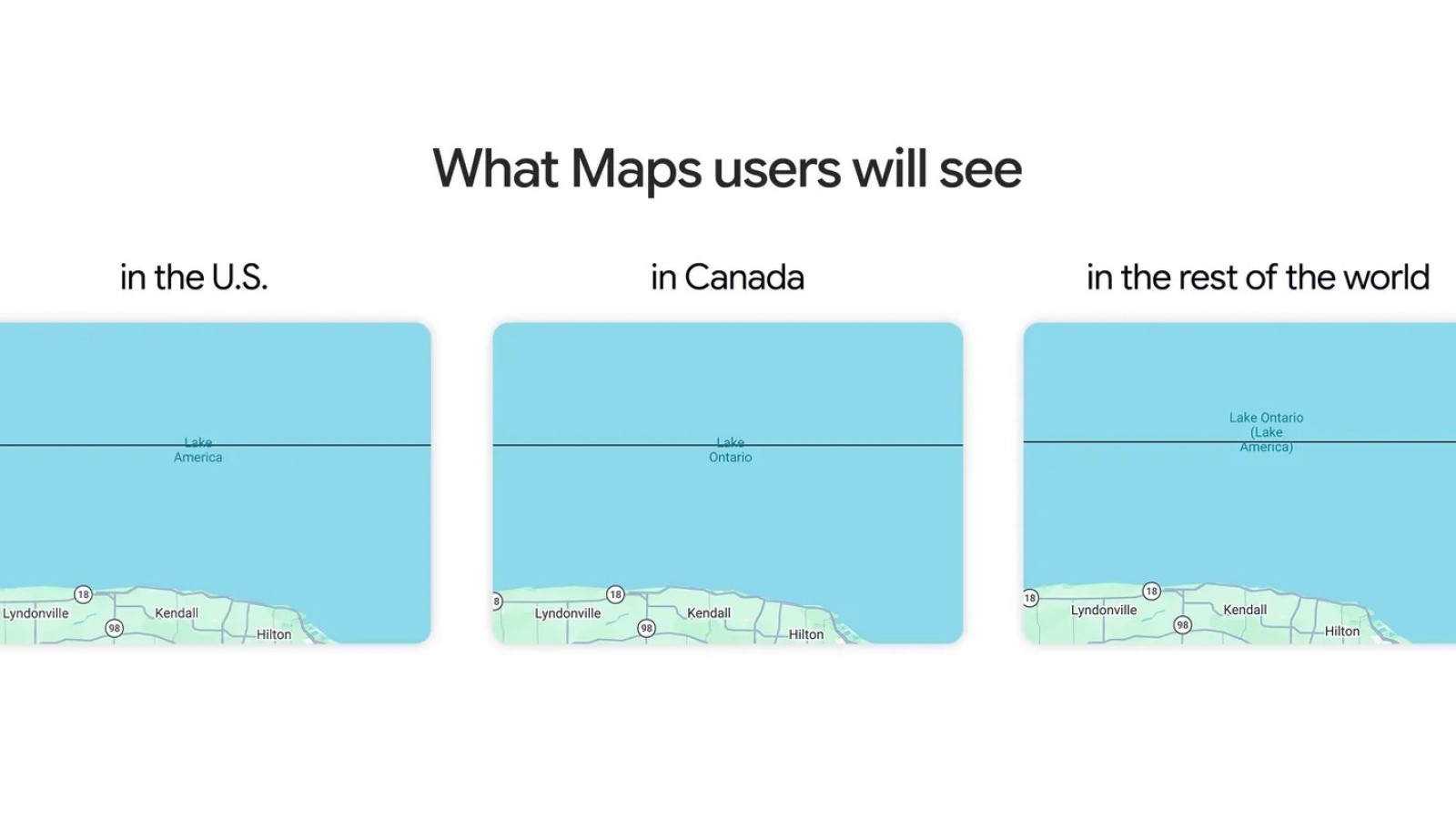 Google Maps Renames 'Lake Ontario' to 'Lake America' in US - Google Maps Lake America